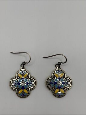 Source Unknown Blue & Yellow Floral Enamel Drop Earrings